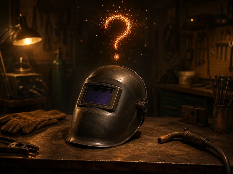 Lost welding helmet with spark question mark